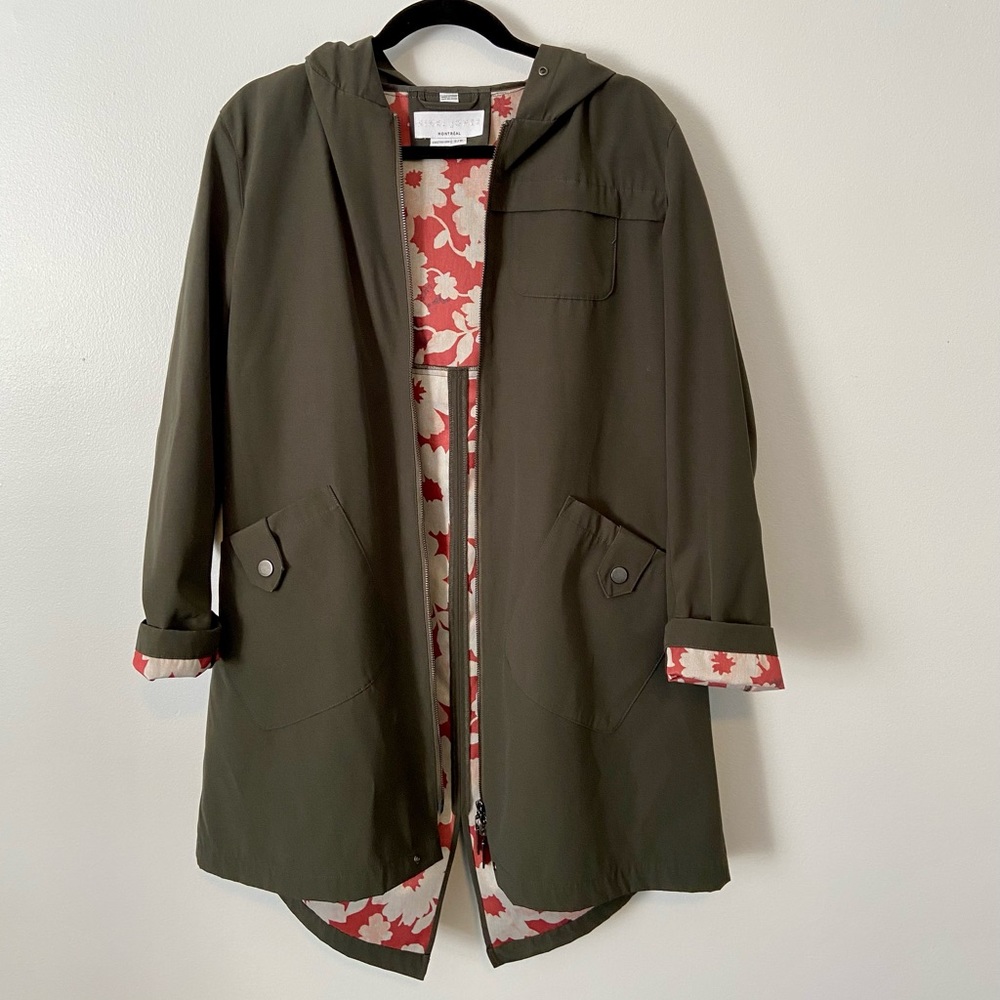 Nikki Jones Montreal Army Green Hooded Zip Jacket Small w/ Floral Interior